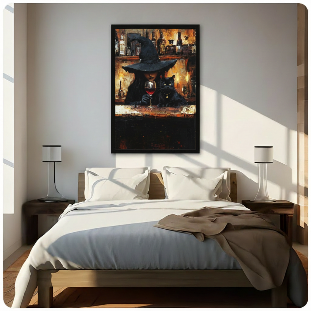 Gothic Witch Black Cat Wine Bar Canvas Art Wall Art