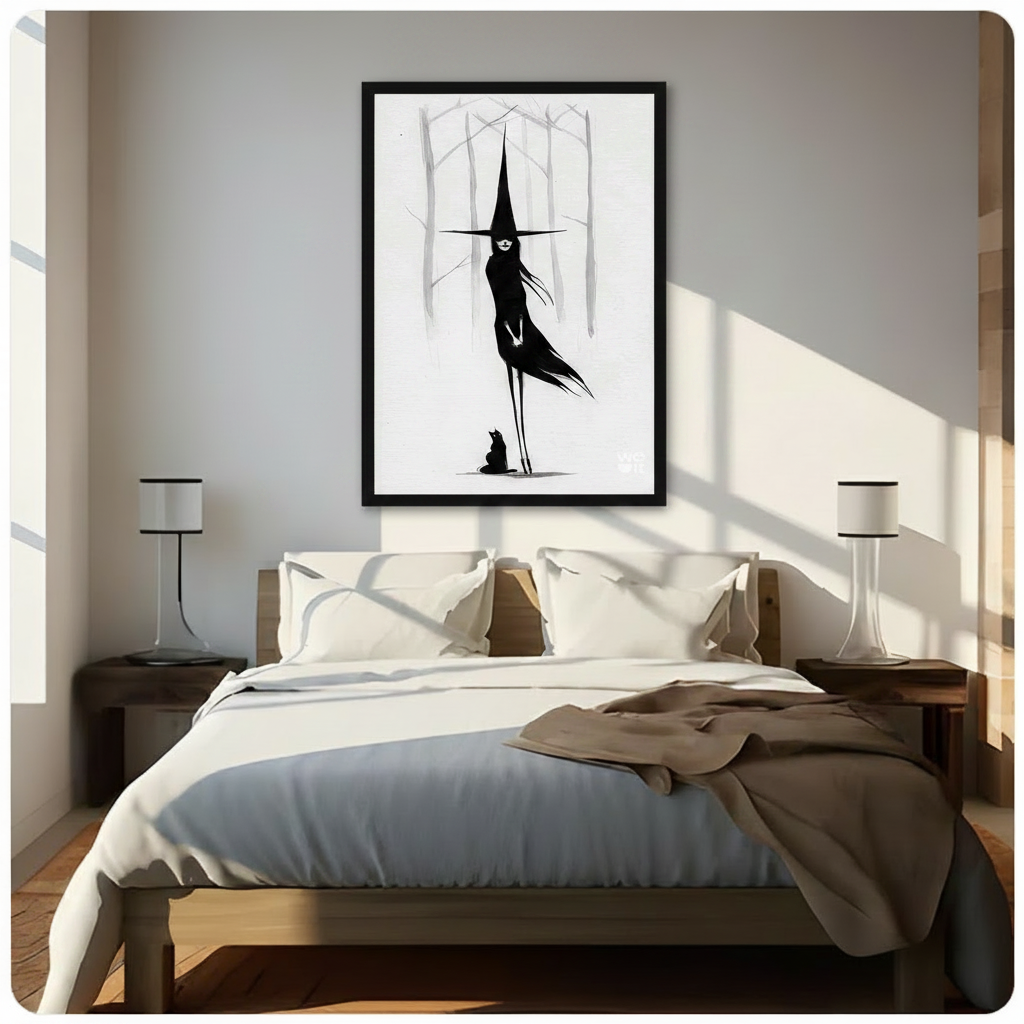 Dark Witch Black Cat Minimalist Canvas Wall Art