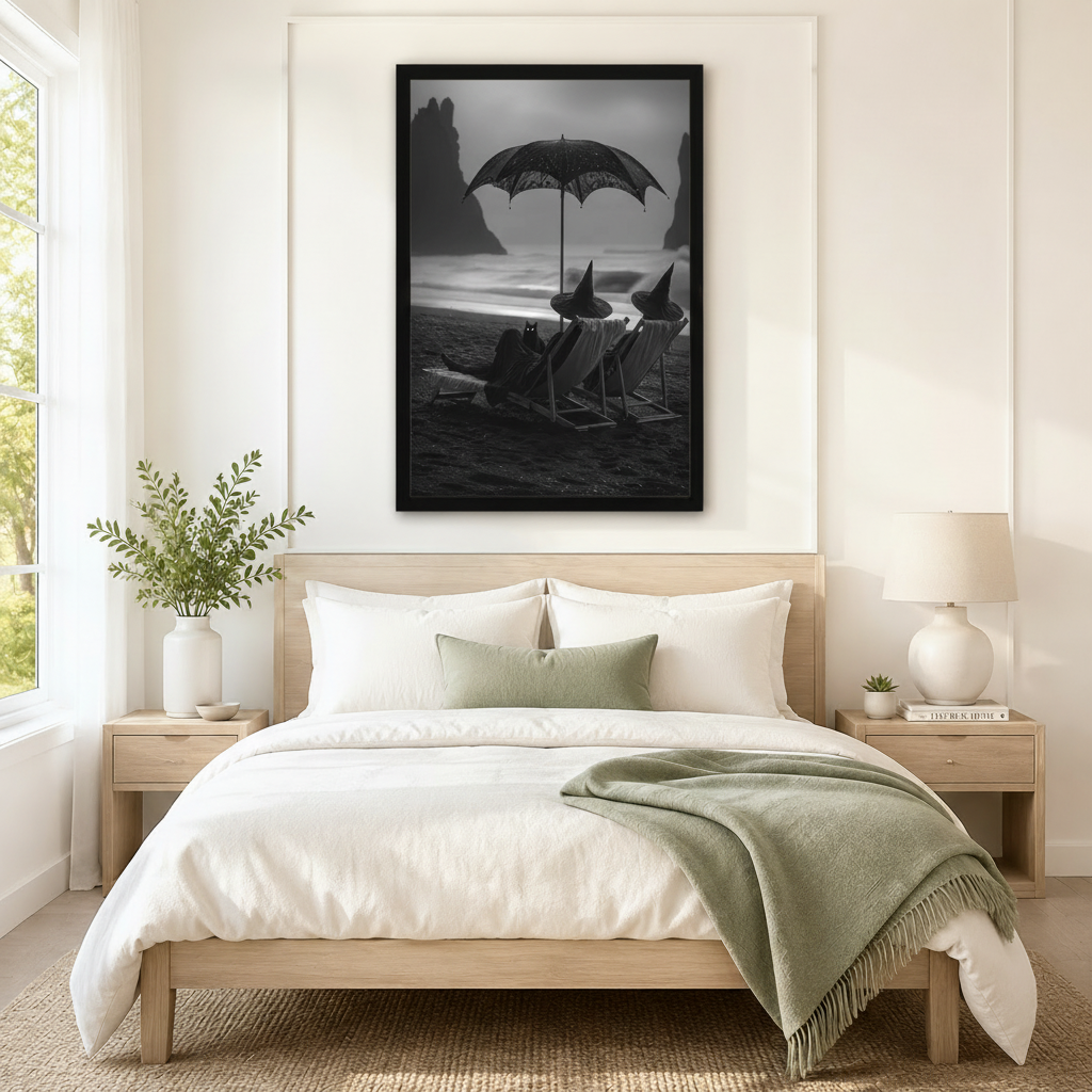 Gothic Witch Black Cat Beach Canvas Wall Art