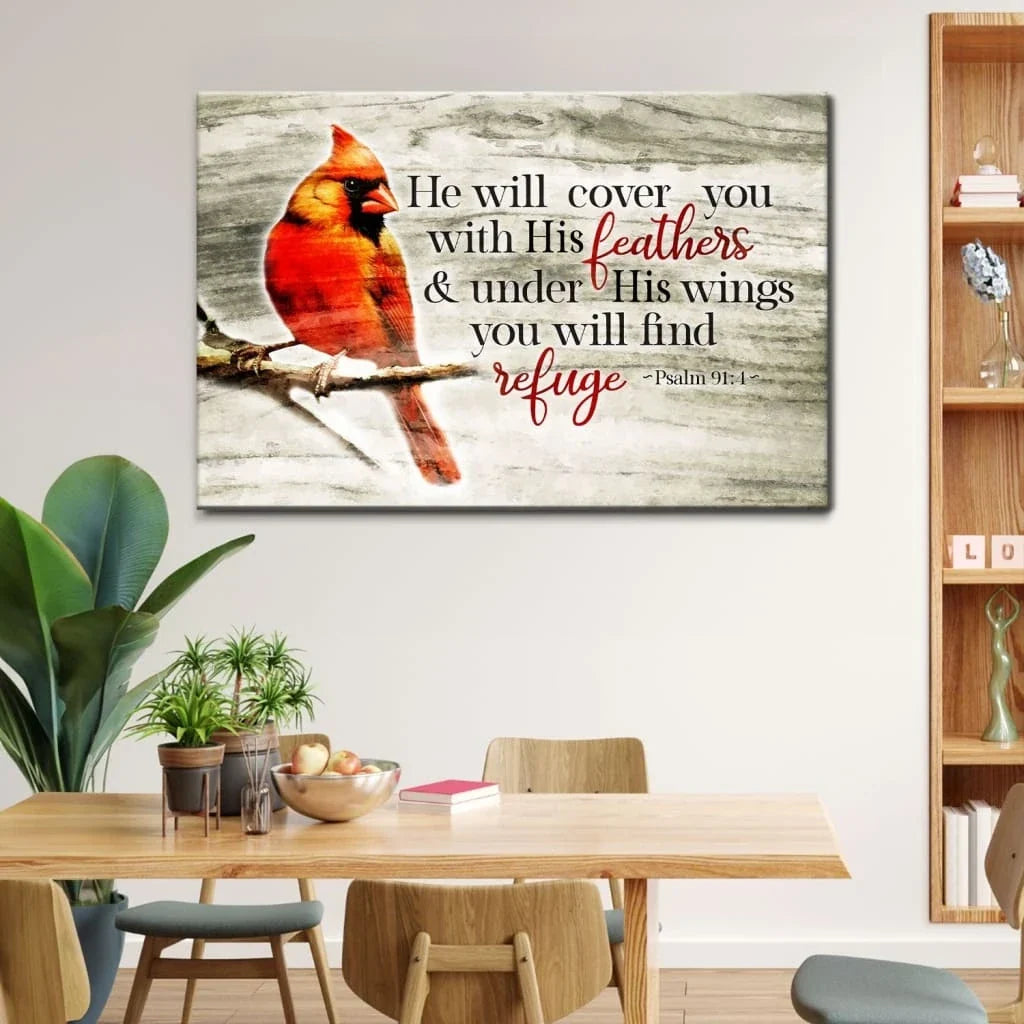 he will cover you with his feathers psalm 91 4 cardinal bird wall art canvas (Landscape) (view 5)