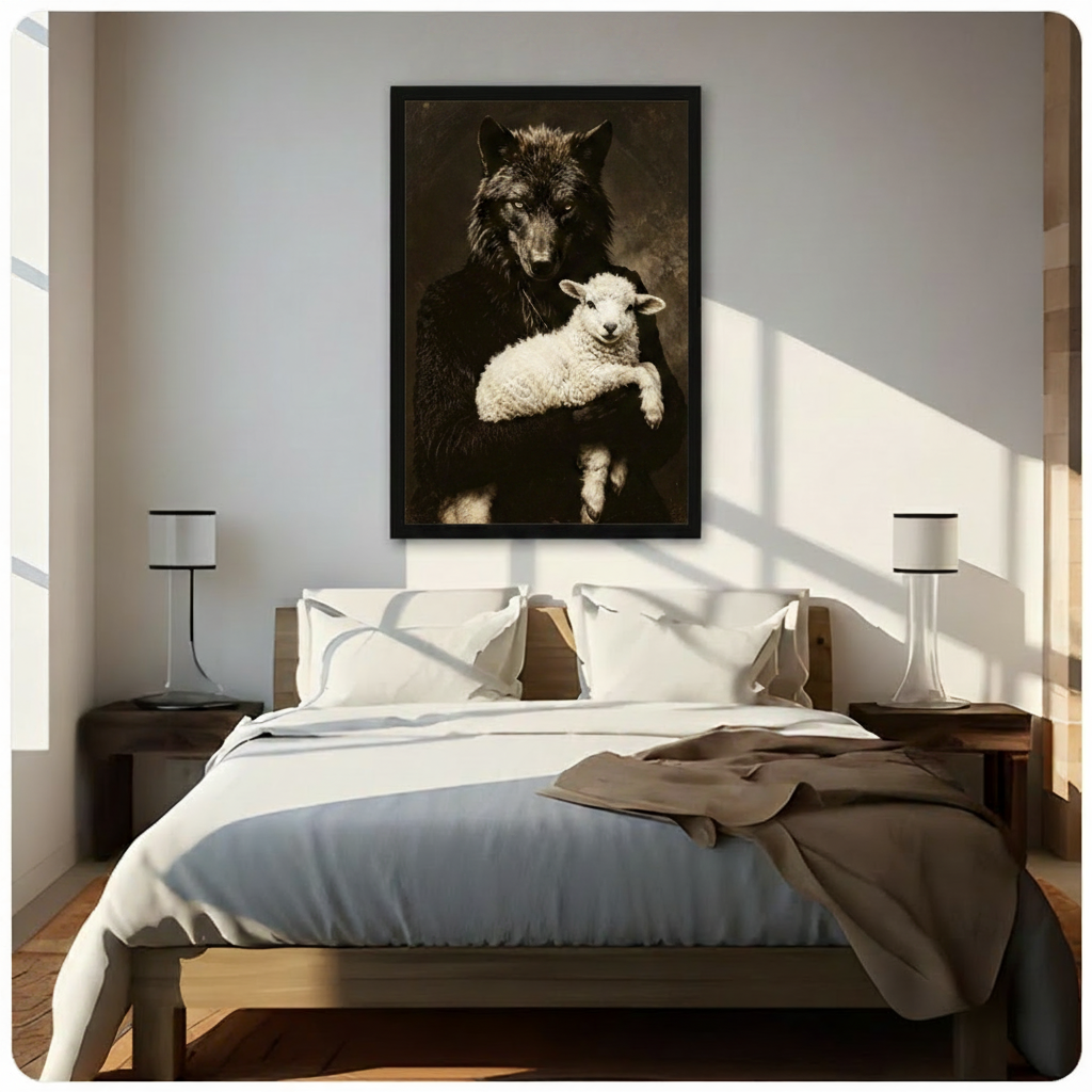 Wolf and Lamb Dark Portrait Canvas Art Wall Art