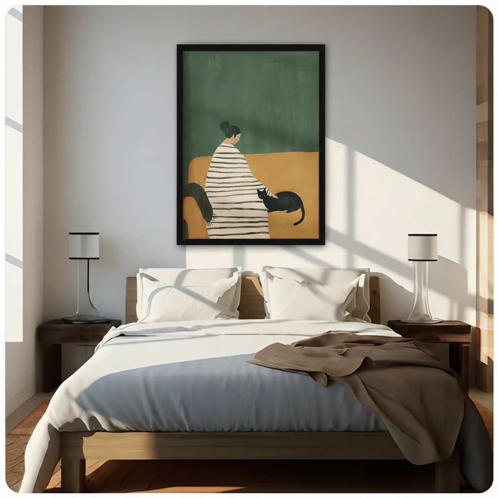 Woman & Black Cat Framed Canvas Art Wall Art