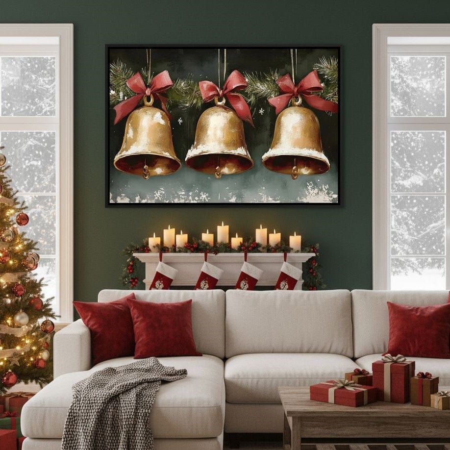 Snow Kissed Golden Holiday Bells Canvas Wall Art