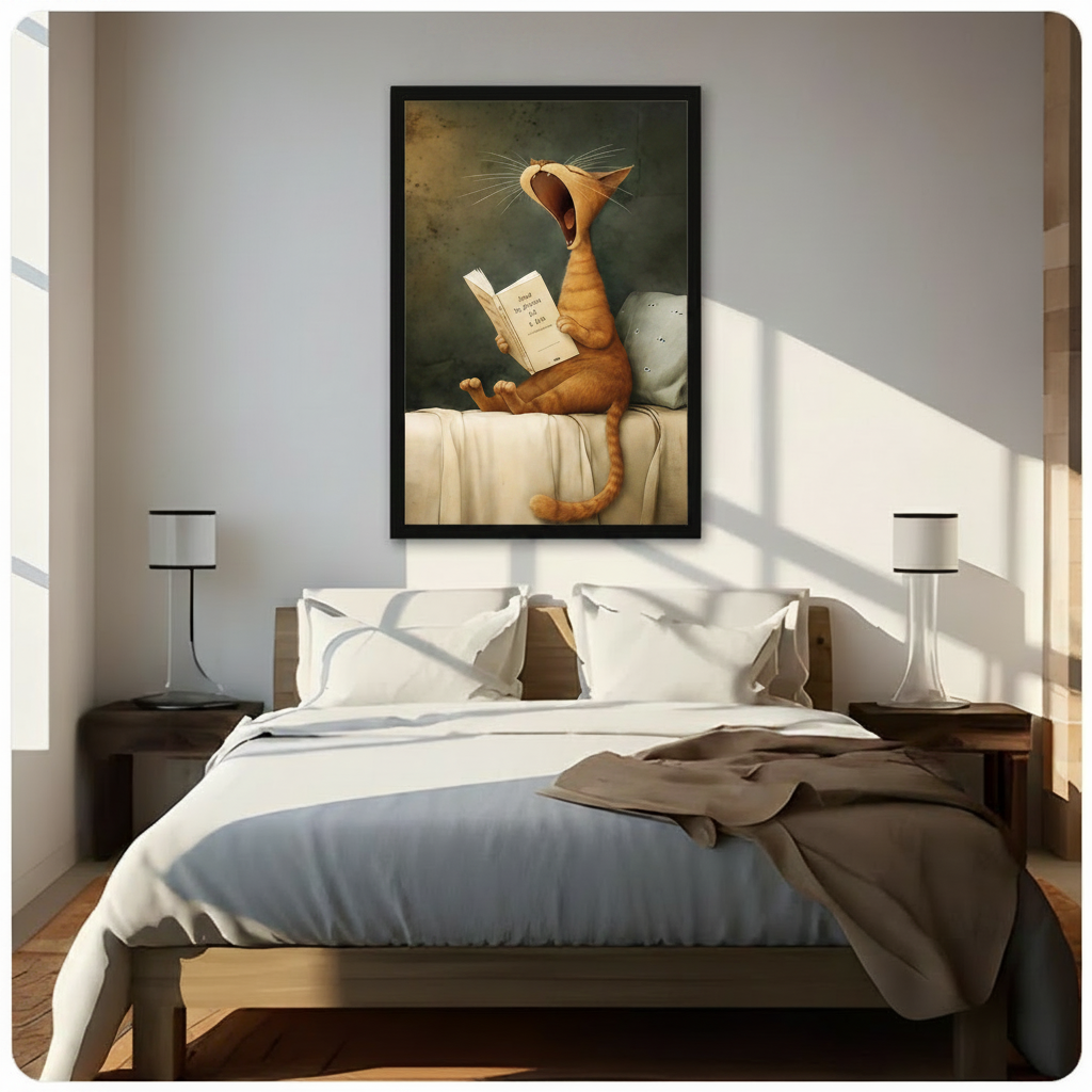 Yawning Cat Reading Book Canvas Wall Art