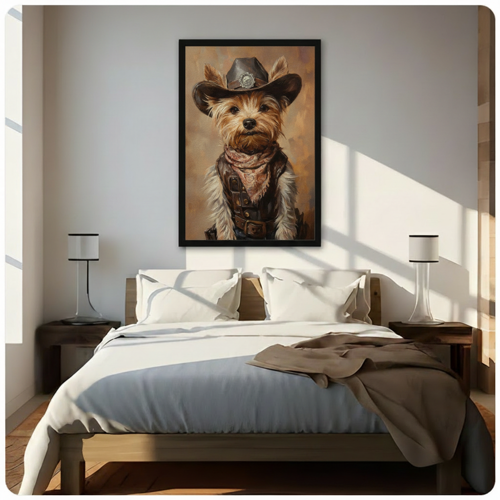 Cowboy Yorkie Dog Portrait Canvas Wall Art