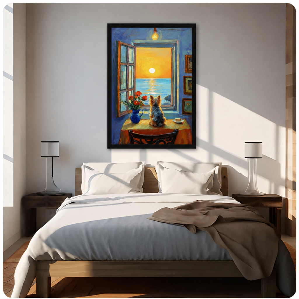 Yorkie Dog Sunset Window Canvas Wall Art