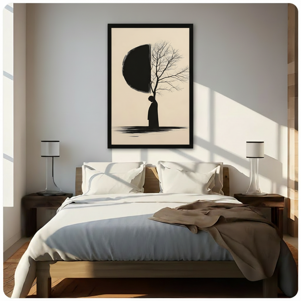 Zen Solitude Figure Tree Moon Canvas Wall Art
