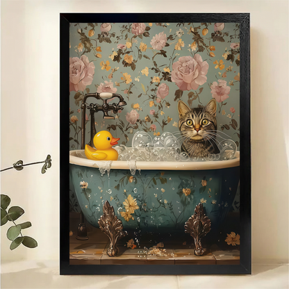 Cat in Vintage Bathtub Canvas Wall Art - Floral Bathroom Decor with Rubber Duck