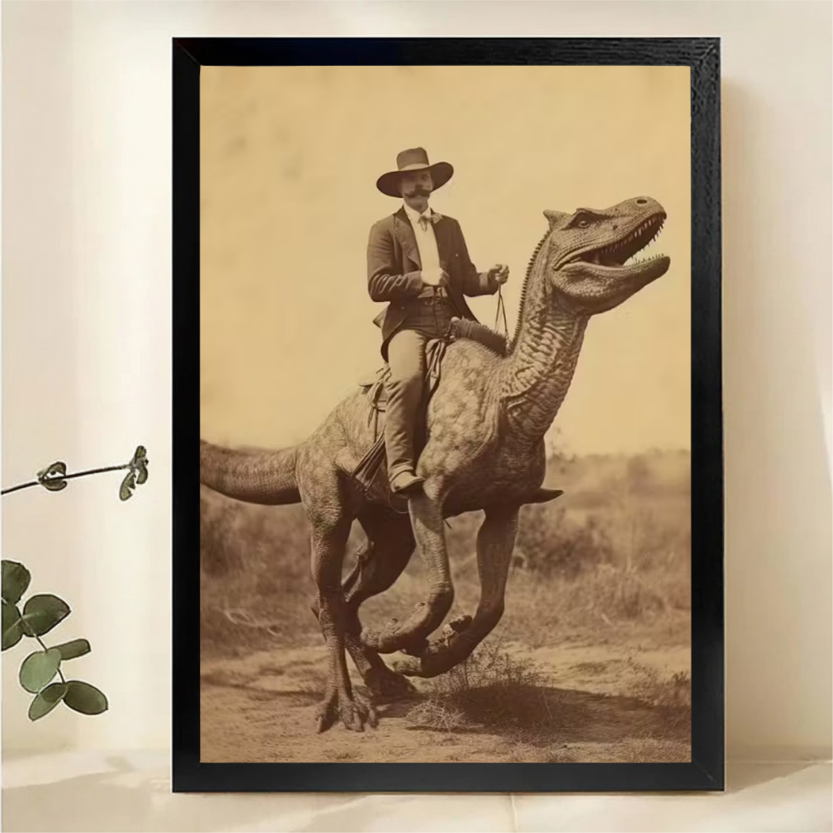 Cowboy Riding Dinosaur Canvas Wall Art - Vintage Western T-Rex Print
