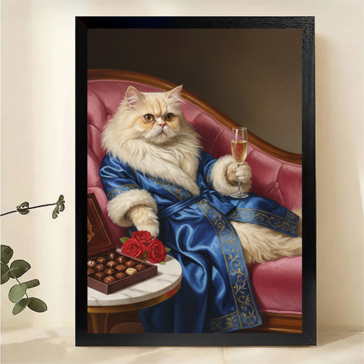 Persian Cat in Blue Robe Canvas Wall Art - Elegant Animal Portrait with Champagne