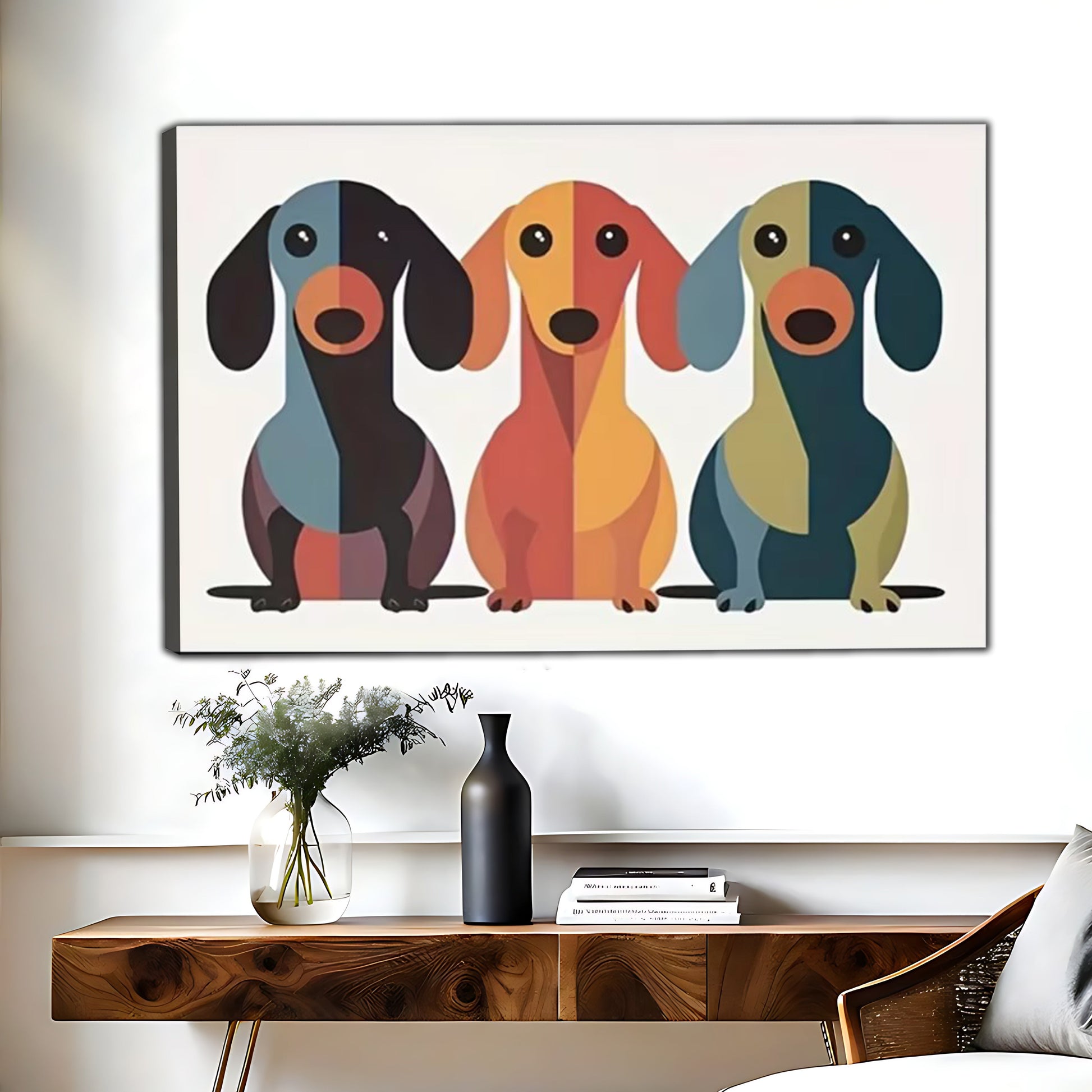 The Playful Puppies – Colorful Dog Wall Art on Natural Wood Grain Canvas