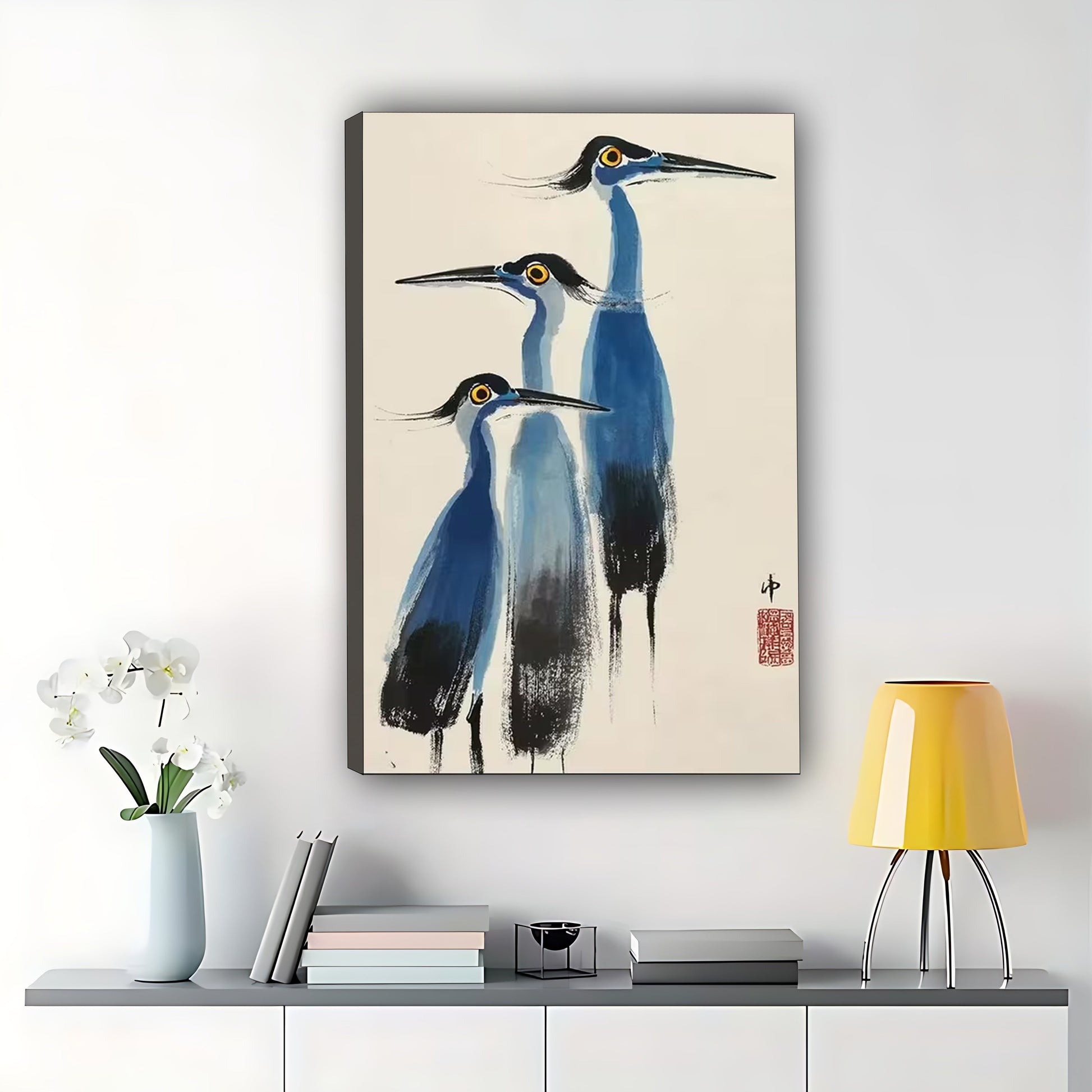 The Ink-Style Blue Crane Trio – Traditional Fine Art Wall Art on Natural Wood Canvas