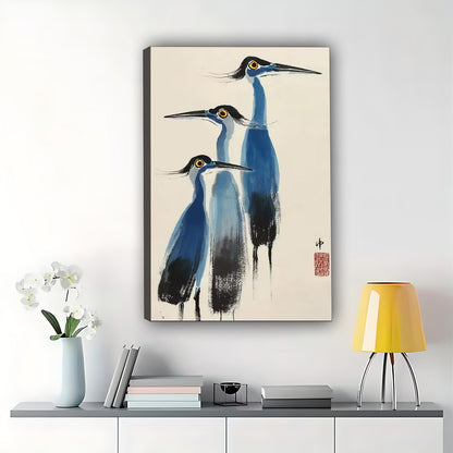 The Ink-Style Blue Crane Trio – Traditional Fine Art Wall Art on Natural Wood Canvas