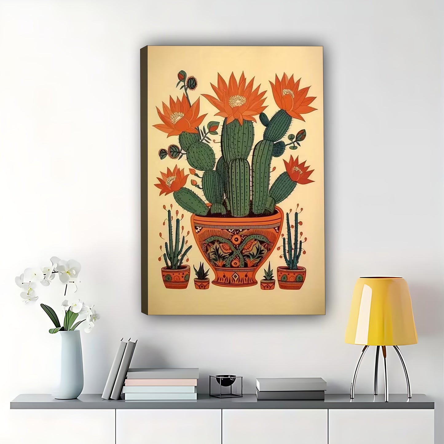 The Vibrant Desert Cactus Garden – Boho Plant Wall Art on Natural Wood Canvas