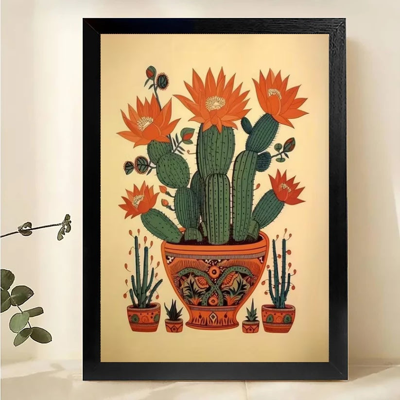 The Vibrant Desert Cactus Garden – Boho Plant Wall Art on Natural Wood Canvas