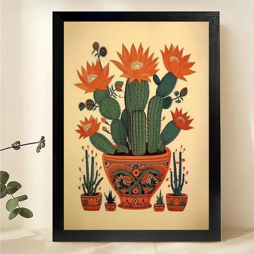 The Vibrant Desert Cactus Garden – Boho Plant Wall Art on Natural Wood Canvas