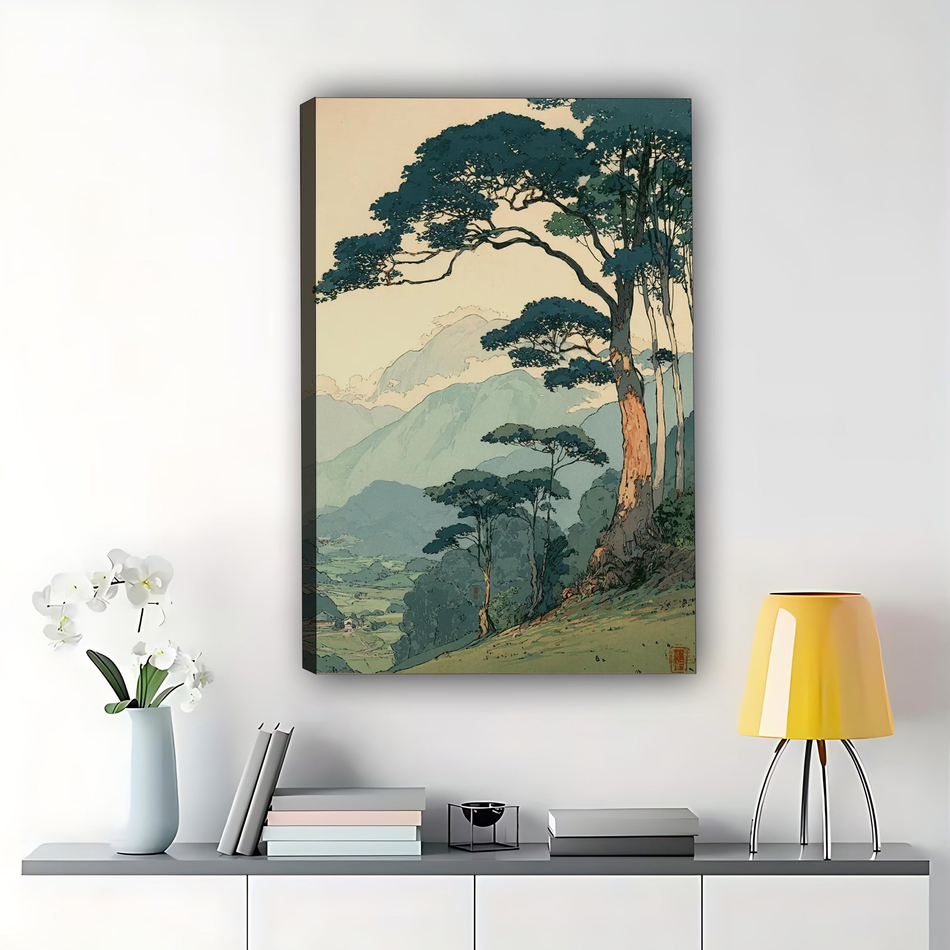 The Serene Vintage Mountain Pine – Landscape Wall Art on Natural Wood Canvas