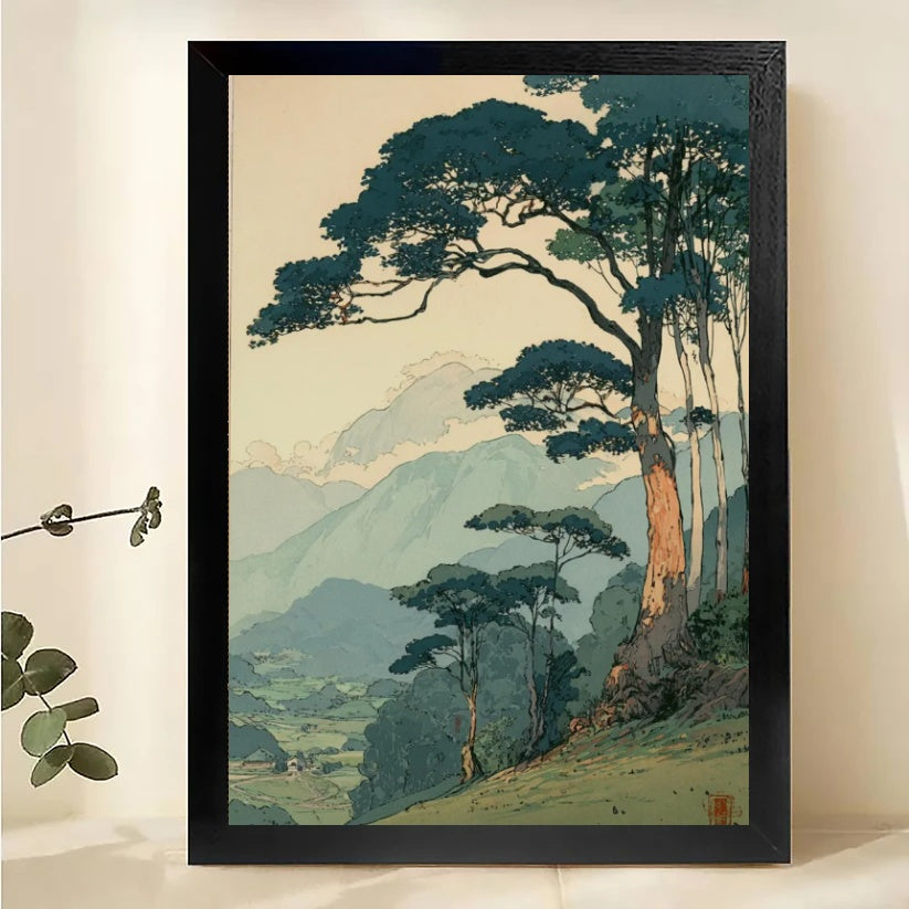 The Serene Vintage Mountain Pine – Landscape Wall Art on Natural Wood Canvas