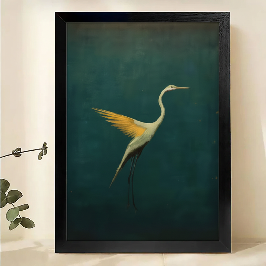 The Elegant Dark-Background Egret – Fine Art Wall Decor on Natural Wood Canvas