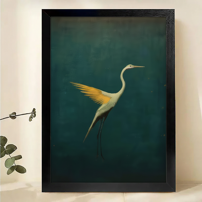 The Elegant Dark-Background Egret – Fine Art Wall Decor on Natural Wood Canvas