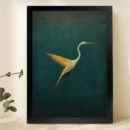 The Elegant Dark-Background Egret – Fine Art Wall Decor on Natural Wood Canvas