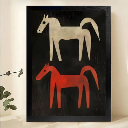The Minimalist Horse Duo – Modern Abstract Wall Art on Natural Wood Canvas