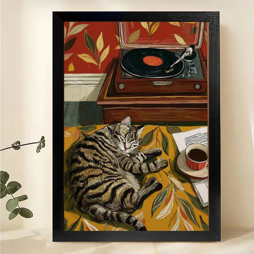 The Vintage Record-Loving Tabby – Retro Pet Wall Art on Natural Wood Canvas
