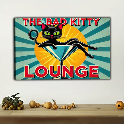 The Bad Kitty Lounge (Accent Edition) – Retro Cat Wall Art on Natural Wood Canvas