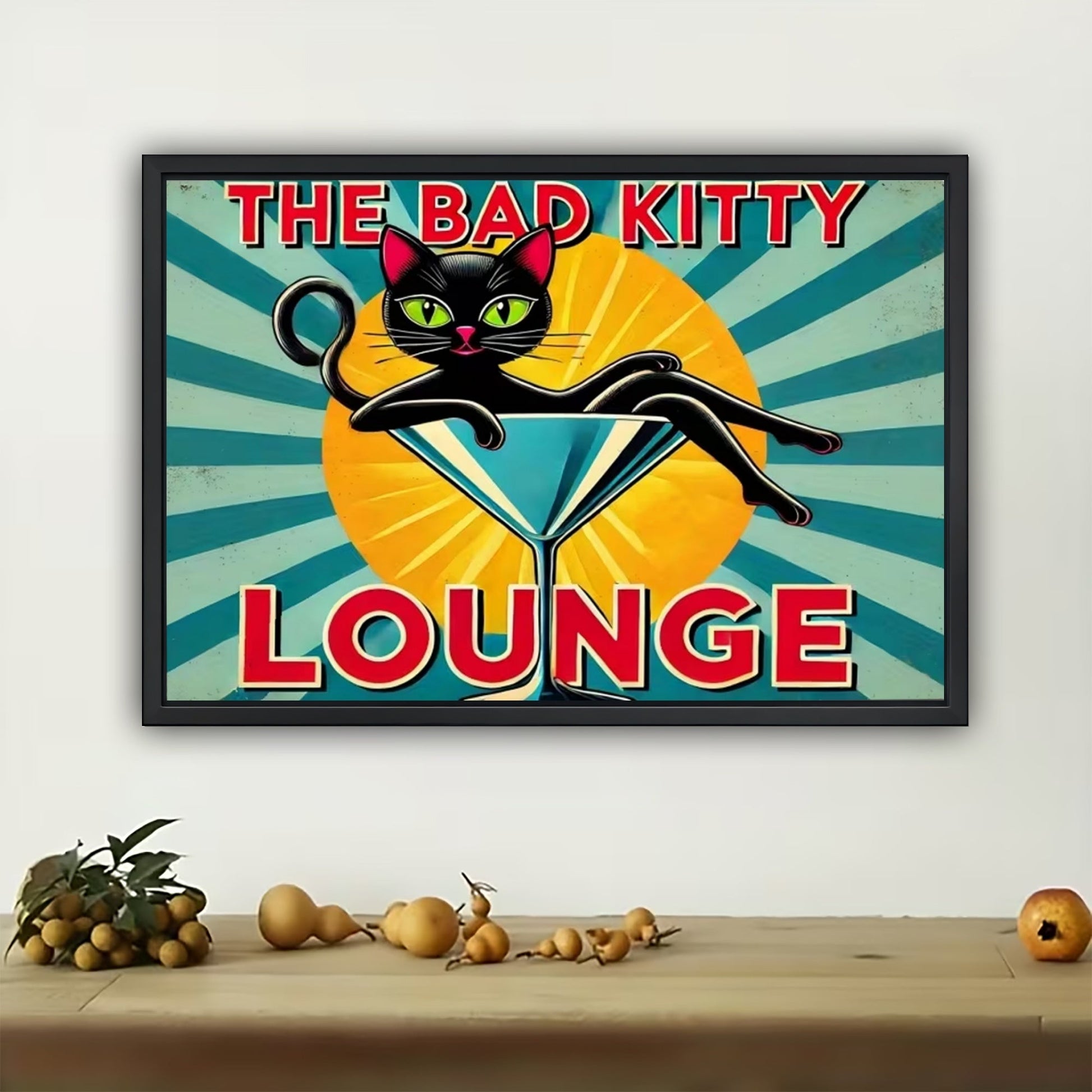 The Bad Kitty Lounge (Accent Edition) – Retro Cat Wall Art on Natural Wood Canvas