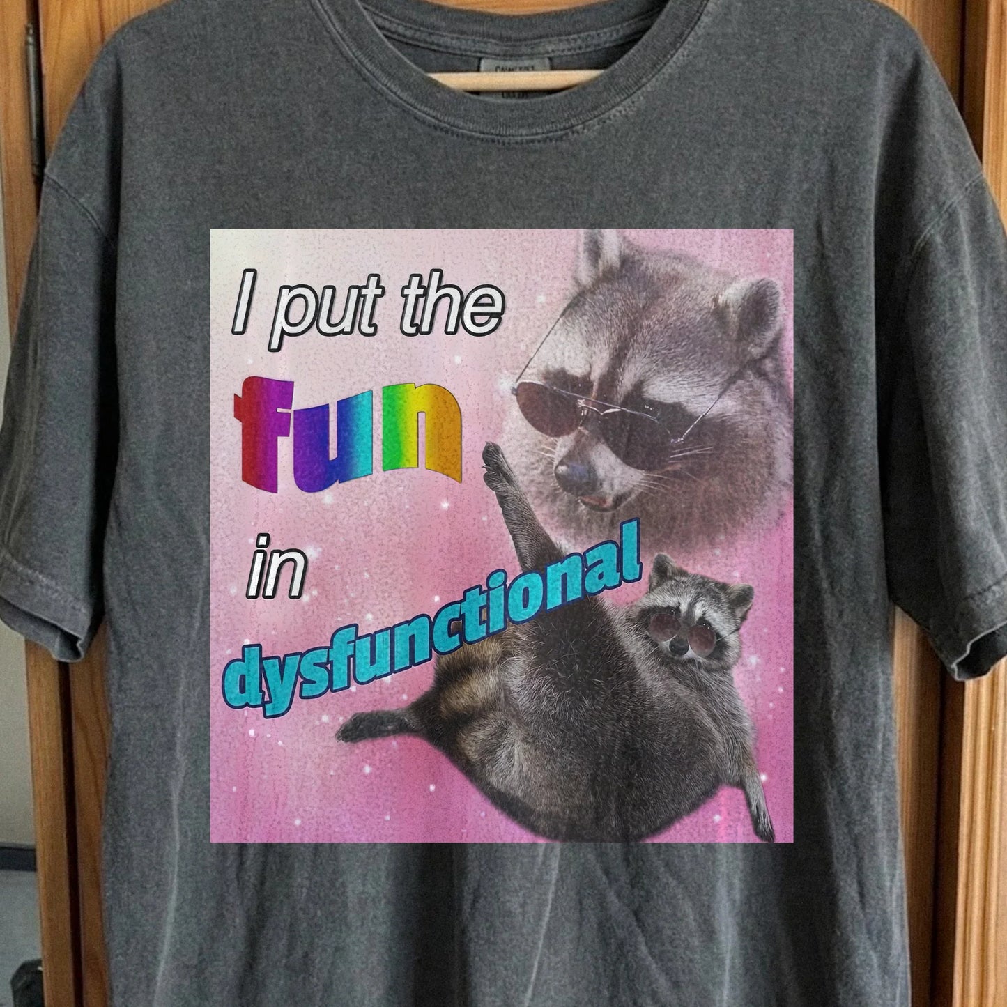 I Put the Fun in Dysfunctional Raccoon T-Shirt, funny meme tee gift