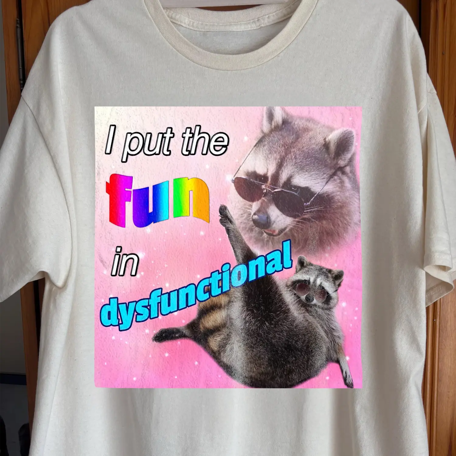 I Put the Fun in Dysfunctional Raccoon T-Shirt, funny meme tee gift (view 2)