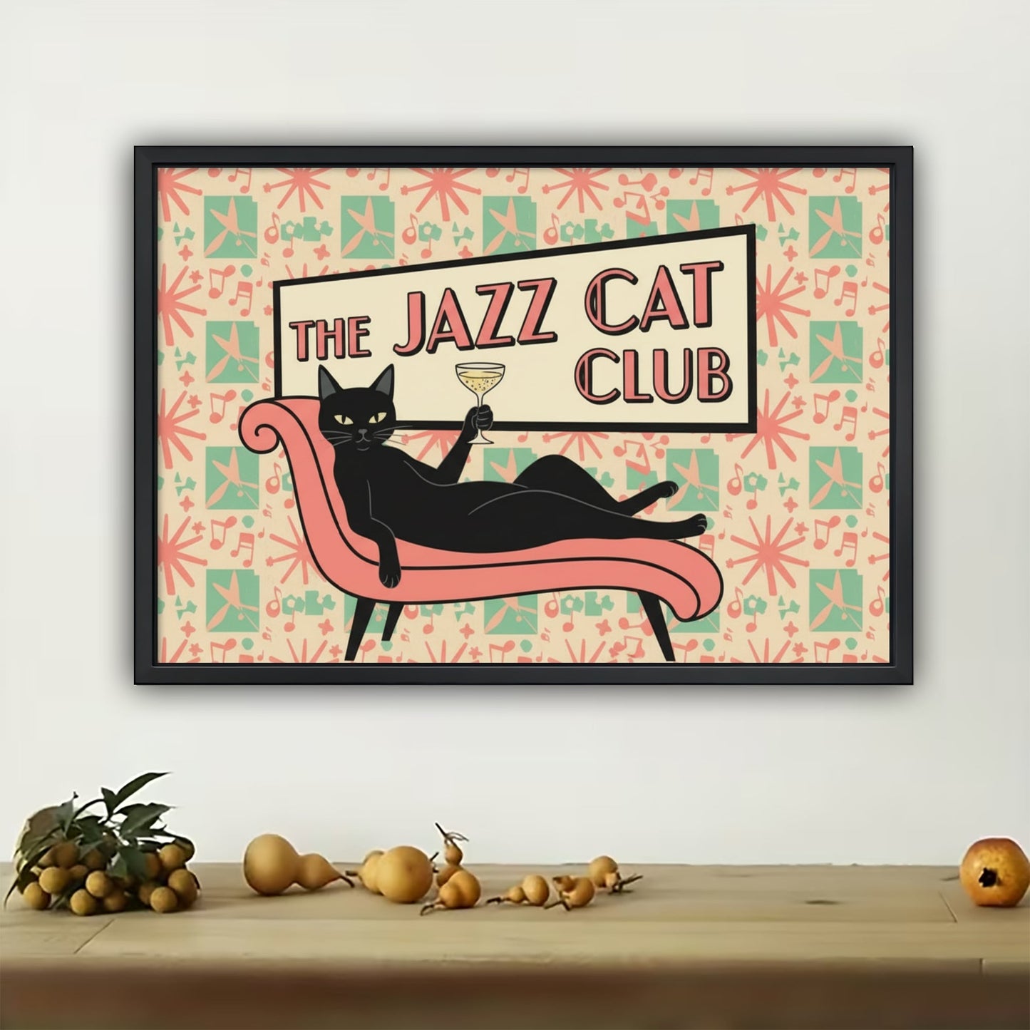 The Jazz Cat Club – Retro Feline Wall Art on Natural Wood Canvas