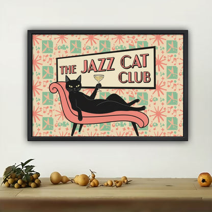 The Jazz Cat Club – Retro Feline Wall Art on Natural Wood Canvas