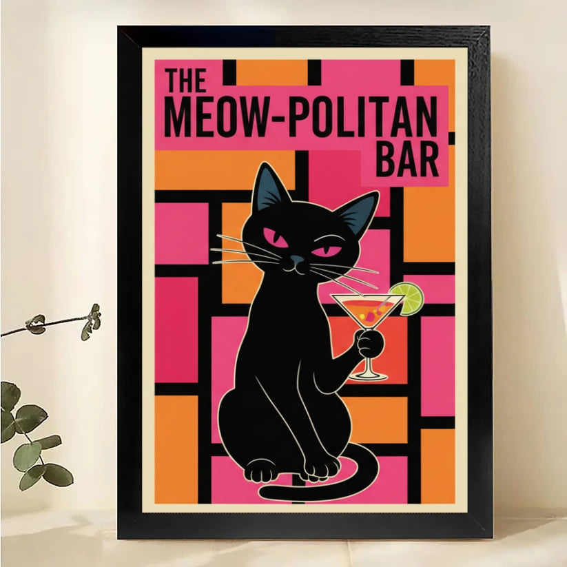 The Meowpolis Tippling Cat – Retro Urban Feline Wall Art on Natural Wood Canvas