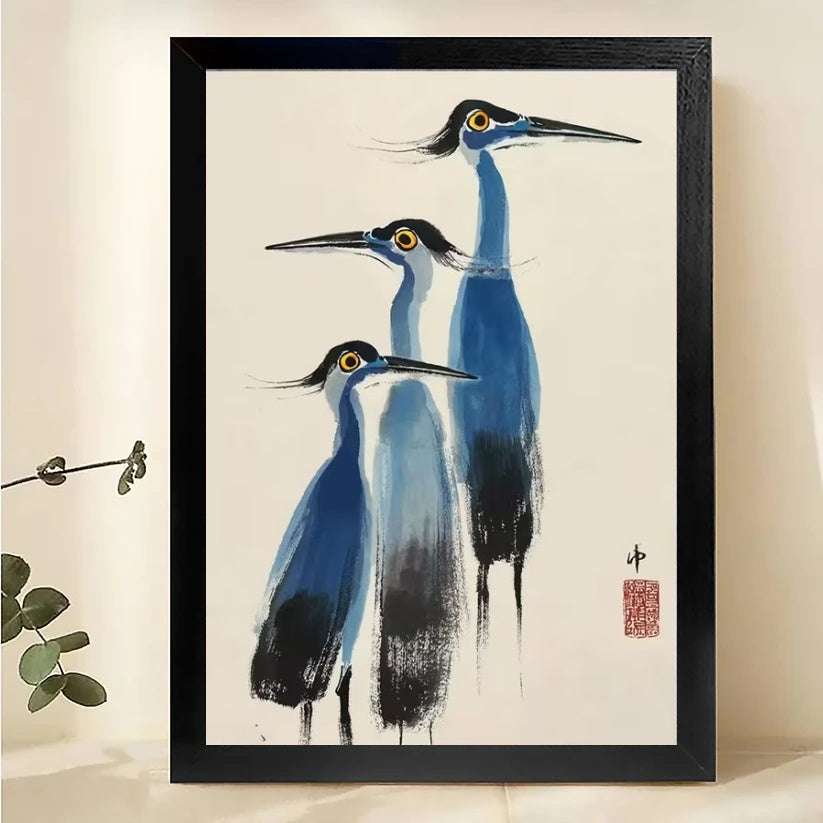 The Ink-Style Blue Crane Trio – Traditional Fine Art Wall Art on Natural Wood Canvas
