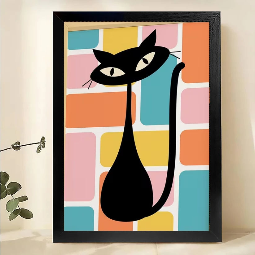 The Bold Geometric Cat – Modern Abstract Wall Art on Natural Wood Canvas