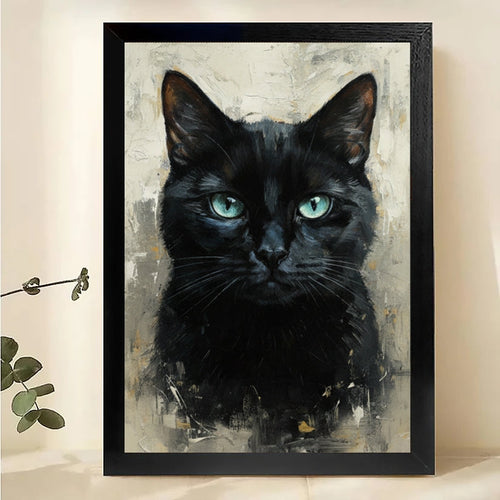 The Sophisticated Black Feline – Oil-Style Realistic Wall Art on Natural Wood Canvas