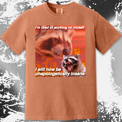 I'm Tired of Working on Myself Raccoon T-Shirt – Unapologetically Insane, funny meme tee gift (view 3)