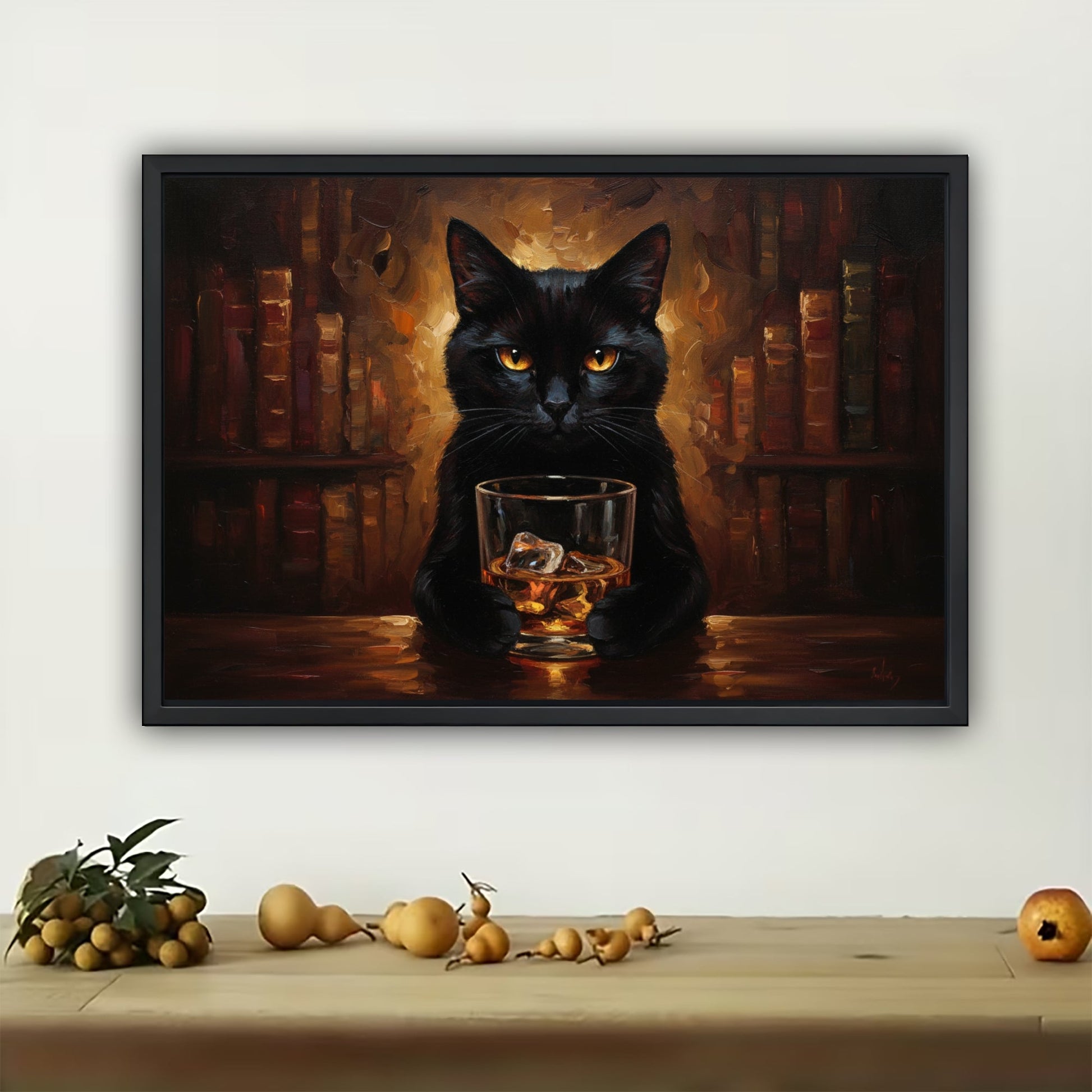 The Whiskey-Sipping Black Cat – Vintage Elegant Wall Art on Natural Wood Canvas