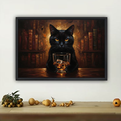 The Whiskey-Sipping Black Cat – Vintage Elegant Wall Art on Natural Wood Canvas