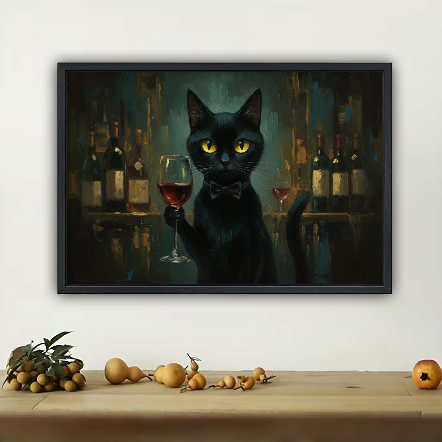 The Bar-Side Red Wine Black Cat – Retro Lounge Wall Art on Natural Wood Canvas