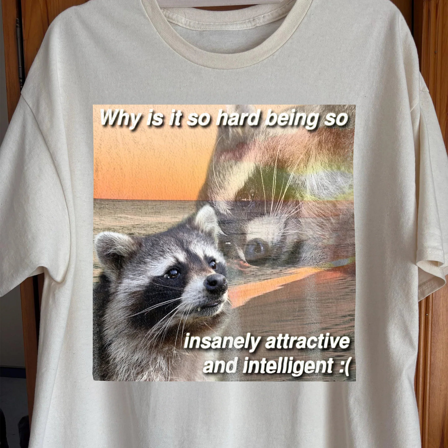 Insanely Attractive and Intelligent Raccoon T-Shirt, funny meme tee gift (view 2)