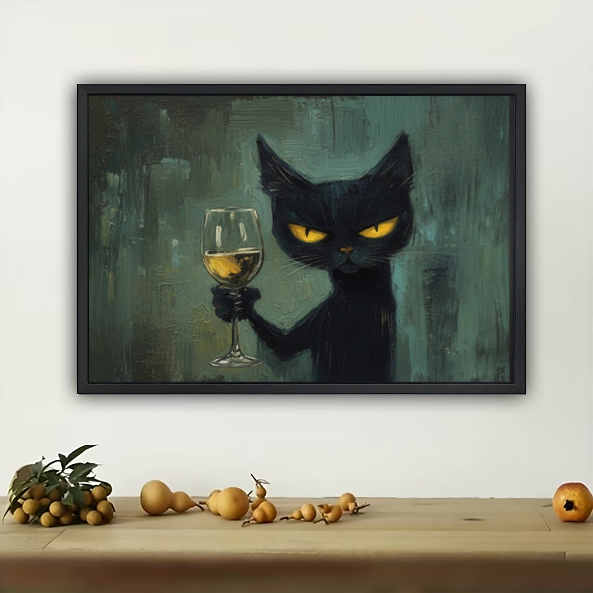 The Champagne-Toting Black Cat – Sophisticated Retro Wall Art on Natural Wood Canvas