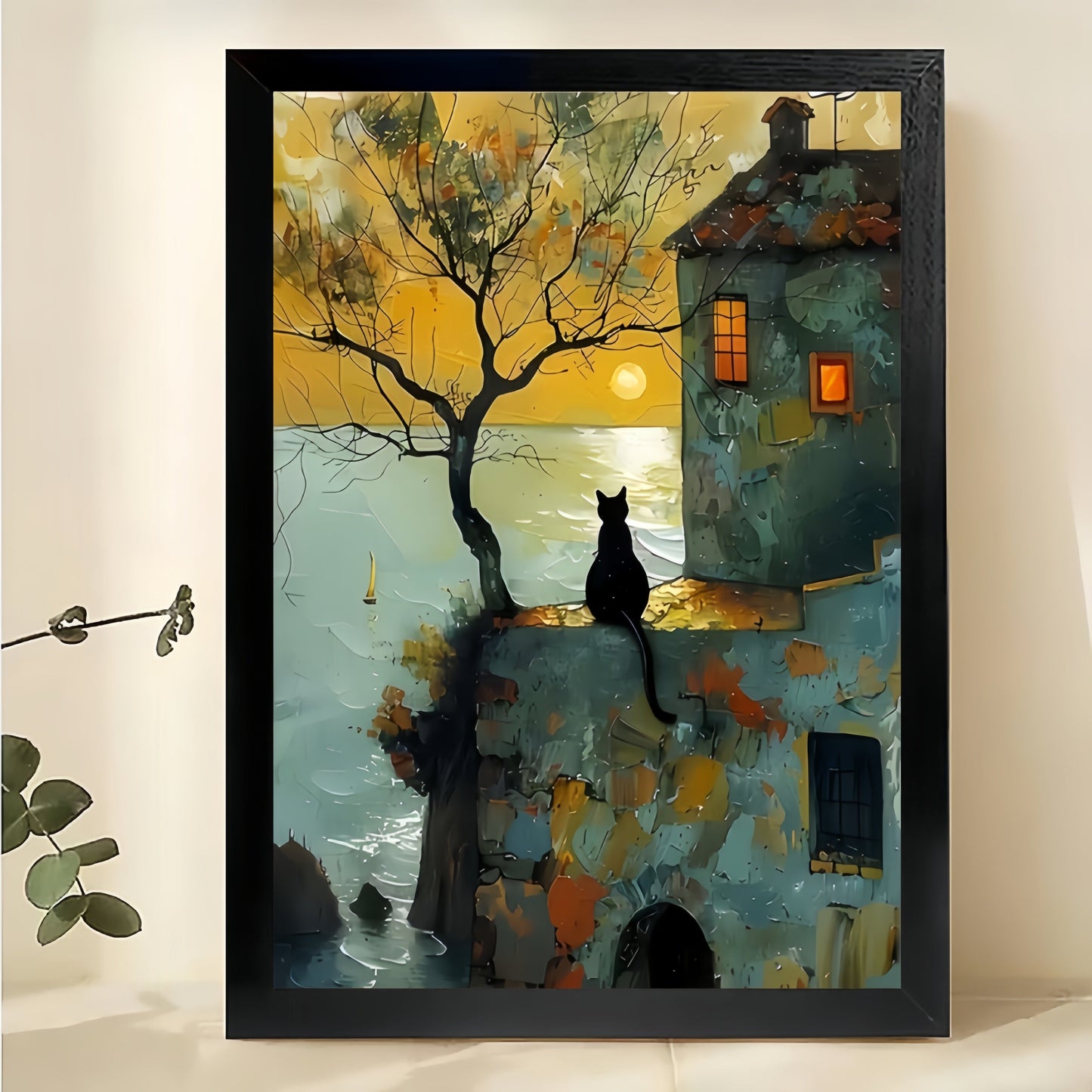 The Twilight Town Black Cat – Vintage Whimsical Wall Art on Natural Wood Canvas