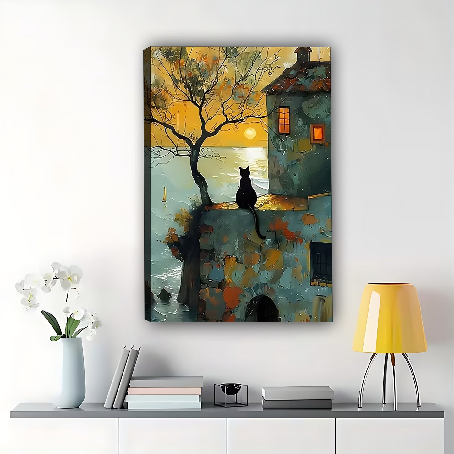The Twilight Town Black Cat – Vintage Whimsical Wall Art on Natural Wood Canvas