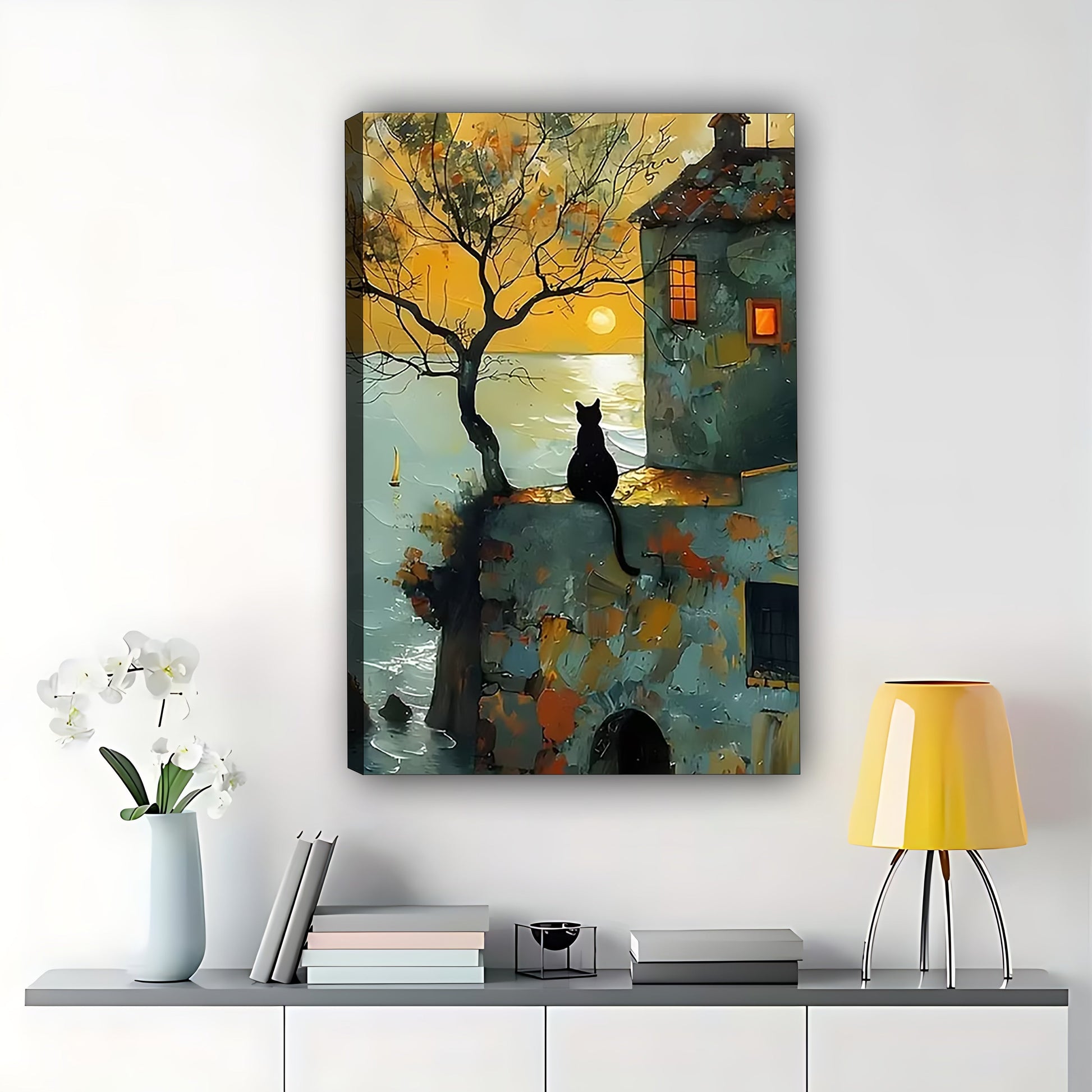 The Twilight Town Black Cat – Vintage Whimsical Wall Art on Natural Wood Canvas