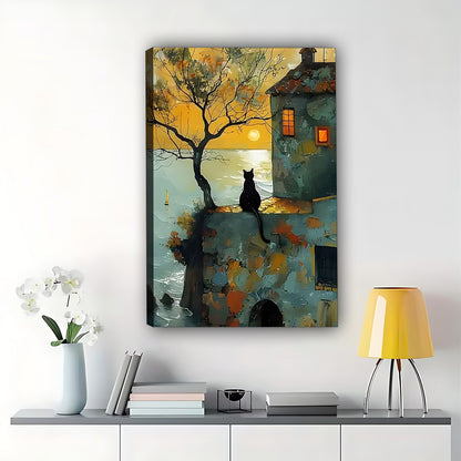 The Twilight Town Black Cat – Vintage Whimsical Wall Art on Natural Wood Canvas