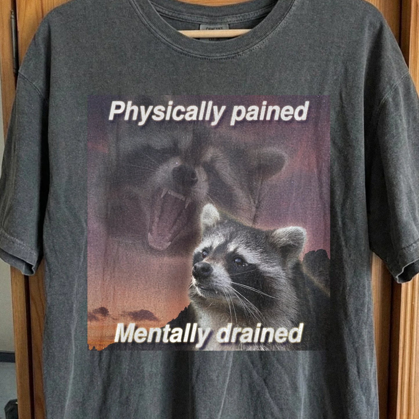 Physically Pained Mentally Drained Raccoon T-Shirt, funny meme tee gift