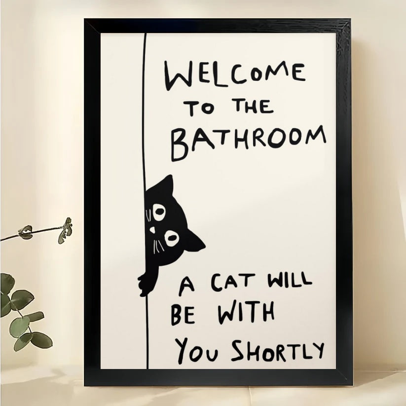 Welcome to the Bathroom Funny Black Cat Wall Art Whimsical Cat Lover Bathroom Decor