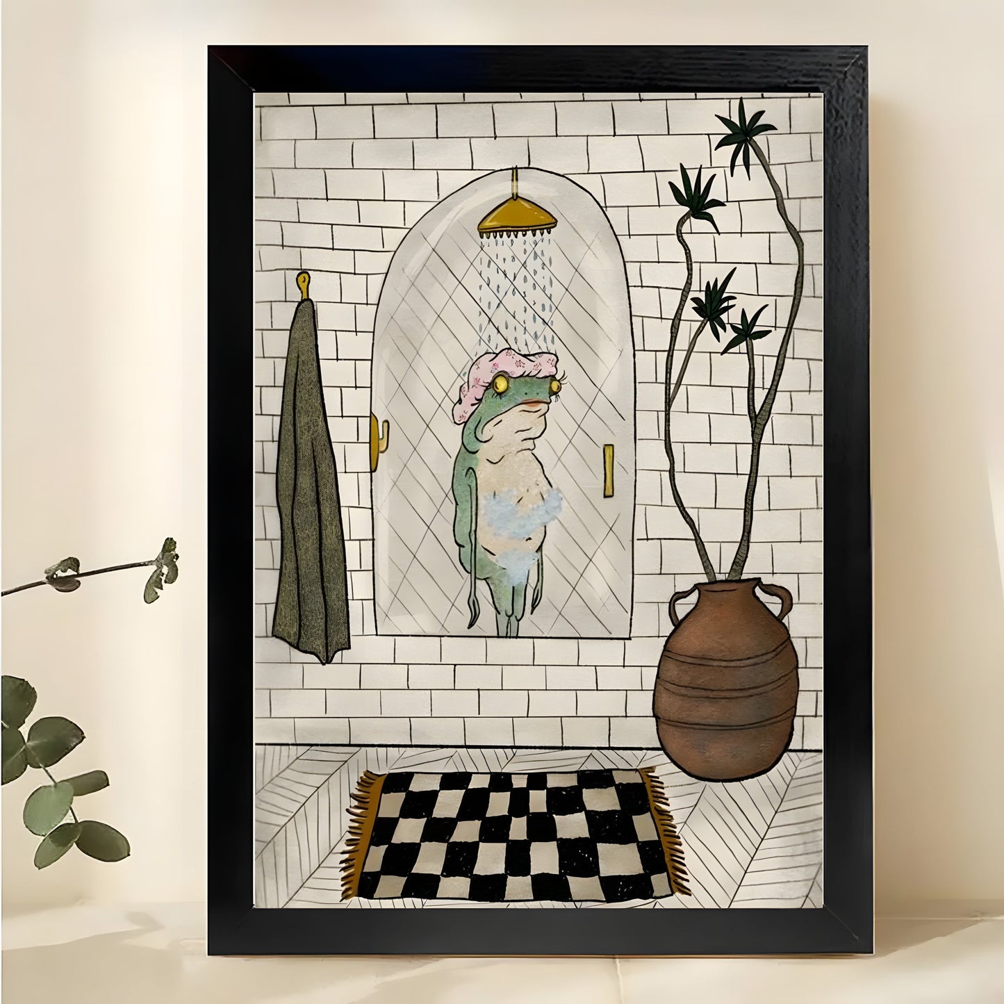 The Bathroom Frog – Whimsical Bathroom Frog Wall Art on Natural Wood Canvas